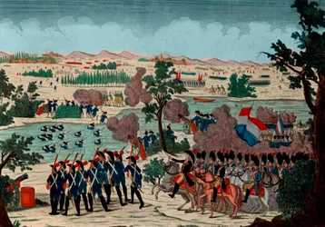 Oversteek van de Mincio op 11 Prairial jaar IV (20 december 1800) door de Franse grenadiers onder het oog van generaal Bonaparte - Gravure - 1800 - De Slag bij Pozzolo (ook bekend als de Slag bij de Mincio-rivier)