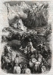 Oversteek van de Pyreneeën door de Moren - gravure van 1851 uit 