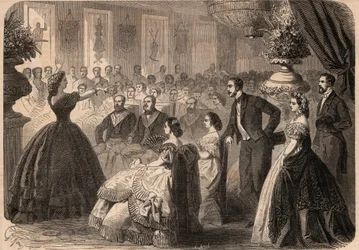 Pauline Viardot-Garcia (Viardot Garcia) (1821-1910), Franse zangeres op het liefdadigheidsfeest van de vrijmetselaarsloge „La persévérante amitié“ in het Grand Orient de Paris. Gravure in „Le Monde Illustré“ uit 1862. Privécollectie.