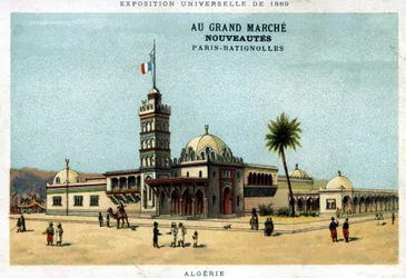 Paviljoen van Algerije tijdens de Wereldtentoonstelling van 1889. Karton uitgegeven door de Grand Marché Nieuwe producten: Parijs - Batignolles. Chromolithografie van de 19e eeuw