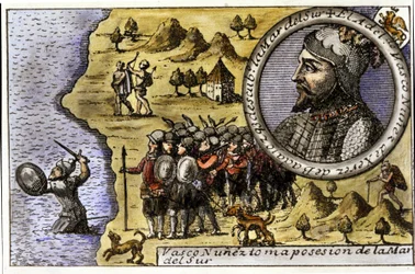 Prestatie van Vasco Nunez de Balboa (1475 - 1517), Spaanse navigator die een van de eersten was die de Stille Oceaan ontdekte door de Straat van Darien over te steken. Gravure