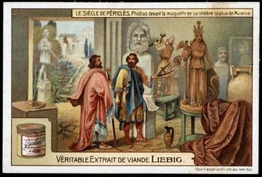 Pericles eeuw (495-429 v.Chr.): de beeldhouwer Phidias (490-430 v.Chr.) voor het model van zijn beroemde standbeeld van Minerva - Liebig chromolithografie