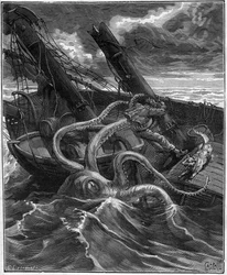 Gevaarlijke avonturen van Narcissus Nicaise in Congo - door Armand Dubarry (1836-1910) - hij stond tegenover een formidabel zeemonster (reusachtige octopus) (gravure in Journal des voyages van 1881)