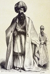 Perzië (19e eeuw). Mollach en ceremoniemeester. Gravure