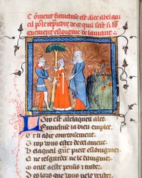 Personages in gesprek, pagina uit het manuscript "Le Roman de la Rose" van Guillaume de Lorris en Jean de Meun
