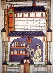 Apotheek in een abdij in de 13e eeuw - in "Chirurgie" van Ruggero di Salerno