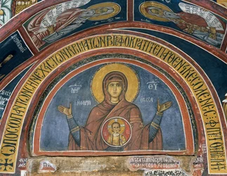 Phorbiotissa Panagia, Onze-Lieve-Vrouw van Christus in Medaillon, fresco, Byzantijnse kerk van Onze-Lieve-Vrouw van Asinou, Troodosgebergte, Cyprus