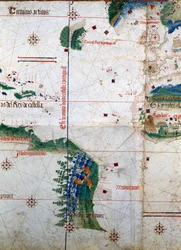 Planisfeer van Cantino: Kaart van Alberto Cantino uit 1502 die de grenslijn toont opgelegd door het Verdrag van Tordesillas (1494) tussen Portugees en Spaans Amerika. Biblioteca Estense. Modena