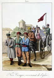 Plaat uit 1811 die een groep Kozakken toont die terugkeren van de kerk na een bruiloft