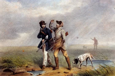Aangenaam jachtspel twee jagers praten. Lithografie van de 19e eeuw Gien, jachtmuseum