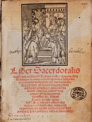Paus Leo X ontvangt het boek Frontispice van het liturgieboek 