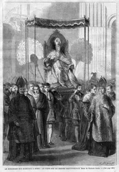 Paus Pius IX (1835-1914) op de sedia gestatoria - Palmzondag in Rome: Paus Pius IX op de draagstoel - tekening door Gustave Janet - Het Illustratieve Dagboek van 1868.