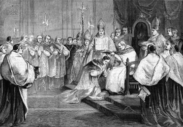 Paus Pius IX overhandigt de kardinaalshoed aan prins Lucien Bonaparte in 1868