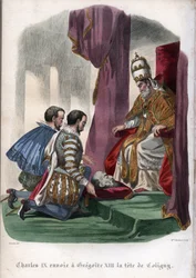 Paus Gregorius XIII (1502-1585) ontvangt het hoofd van Gaspard de Coligny (1519-1572), vermoord tijdens de Bartholomeusnacht in 1572, als geschenk van koning Karel IX van Frankrijk (1550-1574).