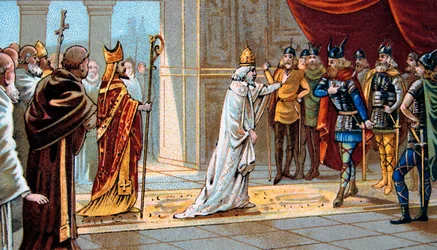 Paus Stefanus II smeekt Pepijn de Korte om hulp tegen de Longobarden in 754 in het Ponthion Paleis