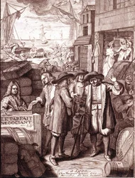 Havenhandelaren in gesprek. 19e-eeuwse gravure.
