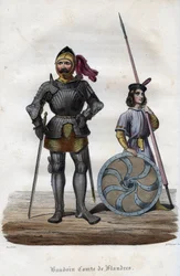 Portret van Boudewijn I, graaf van Vlaanderen (830s-879), ook bekend als Boudewijn IJzeren Arm. Gravure uit 1842 in Histoire des popes door Maurice Lachatre. Privécollectie.