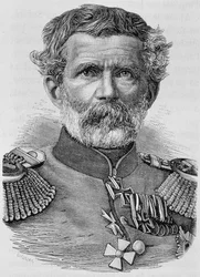 Portret van Baron von Manteuffel. Gravure uit het einde van de 19e eeuw in 