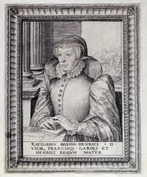 Portret van Catherine de Medicis (1519-1589), koningin van Frankrijk. Gravure uit de 16e eeuw. Pau, Musee Du Chateau