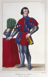 Portret van Karel II de Slechte (1332 - 1387). Koning van Navarra - Spanje van 1349 tot 1387. Gravure uit 1830