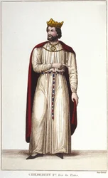 Portret van Childebert I (ca. 495-558) Koning van Parijs. Gravure uit 1830