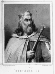 Portret van Clotaire (Clothaire) II (584 - 628), koning van Neustrië en koning van de Franken - in "Histoire des Français" door Lavallée, gravure, sd