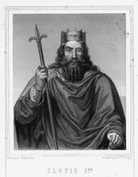 Portret van Clovis I (ca. 466-511), Koning van de Franken - in “Histoire des Français” door Lavallée, gravure, sd