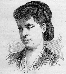 Portret van Edile Riquer, Franse komiek, lid van de Comedie Francaise van 1856 tot 1884. Gravure in Le Monde Illustré nr. 1168 van 16 augustus 1879.