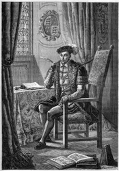 Portret van Edward VI (1537-53) - Portret van koning Edward VI van Engeland en Ierland (1537-1553) die zijn dagboek schrijft - Gravure in 