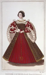 Portret van Eleonore van Habsburg (of Oostenrijk) (1498-1558). Aartshertogin van Oostenrijk, koningin van Portugal en vervolgens koningin van Frankrijk, tweede vrouw van François I. Gravure uit 1830