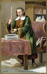 Portret van Evangelista Torricelli (1608 - 1647), Italiaanse natuurkundige met zijn uitvinding de barometer (kwikbuis). Chromolithografie van de 19e eeuw
