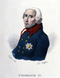 Portret van Frederik II van Pruisen (1712-1786) bekend als Frederik de Grote. Gravure uit de 19e eeuw.