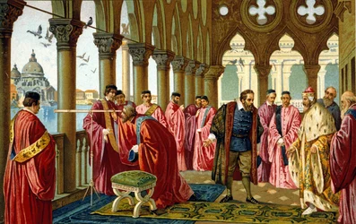 Portret van Galileo Galilei die de verrekijker presenteert aan de Doge in zijn Dogepaleis in Venetië
