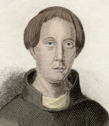 Portret van Giraud de Barri, of Giraud de Cambrian (ca. 1145-ca. 1223), een Welshe geestelijke en historicus. Ook wel Gerald van Wales en Gerald Barry genoemd. Gravure uit de 19e eeuw.