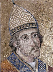 Portret van Gregorius IX (1145 - 1241). Hij vocht tegen Frederik II en organiseerde de Inquisitie. 13e eeuws mozaïek uit de oude apsis van St. Pieter. Museum van Rome