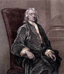 Portret van Isaac Newton zittend in een fauteuil - Gravure