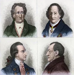 Portret van Johan Wolfgang Goethe (1749 - 1832), Duitse schrijver, op verschillende leeftijden in zijn leven. Gravure uit de 19e eeuw.