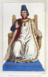 Portret van Lodewijk XI in kostuum van de Orde van Sint-Michiel (1423 - 1483). Gravure uit 1830