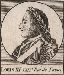 Portret van Lodewijk XV (1710-1774) genaamd de Geliefde, koning van Frankrijk 1715 tot 1774 - Lodewijk XV, bekend als Lodewijk de Geliefde, koning van Frankrijk - gravure uit 