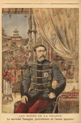 Portret van maarschalk Yamagata Aritomo (1838-1922), een Japanse soldaat en politicus, hij commandeerde het eerste leger van Japan tijdens de oorlog tegen China in 1894. Gravure in 