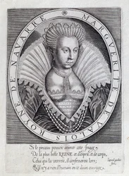 Portret van Marguerite de Valois (1553-1615) bekend als Koningin Margot. Gravure uit de 16e eeuw. Pau, Musee Du Chateau