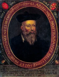 Portret van Nostradamus, Michel de Notre Dame (1503 - 1566) Franse astroloog en arts. Koperen gravure