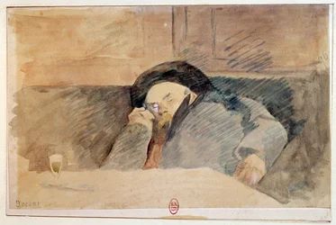 Portret van Paul Verlaine, Franse dichter, slapend in het café Procope in Parijs