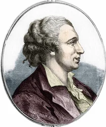 Portret van Pierre Augustin Caron de Beaumarchais (1732 - 1799) Franse schrijver en toneelschrijver. gravure uit 1866