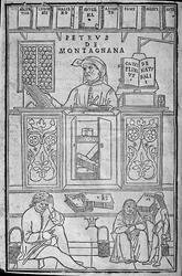 Portret van Pietro da Montagnana, een Paduaanse medische leraar omringd door Griekse en Arabische medische boeken, en drie patiënten die wachten om hun urine te laten onderzoeken.