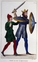 Portret van Pepijn II (823 - 864), Koning van Aquitanië. Gravure uit 1830