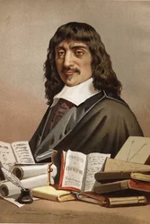 Portret van René Descartes. 1596-1650. uit La Ciencia y sus Hombres door Louis Figuier. Barcelona 1881
