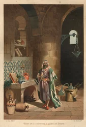 Portret van Rhases (Rhazes, Razi, Al-Razi, Razis, of Rases) (840-923) Perzische wetenschapper) in zijn laboratorium in Bagdad. Barcelona 1881