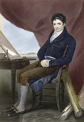 Portret van Robert Fulton (1765 - 1815), Amerikaanse scheepsbouwkundige (Nautilus) (gravure 19e eeuw)