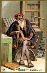 Portret van Robert I Estienne (1498 - 1559) humanist, uitgever en drukker. Chromolithografie van de 19e eeuw